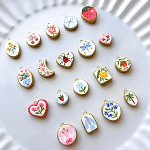 Hand-painted dopamine style stainless steel charms with floral, fruit and animal motifs