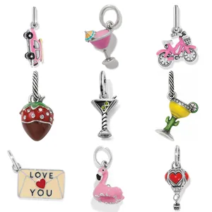 Pendentifs en Acier Inoxydable Émail Dopamine Flamingo Fraise Cœur Charmes Or Argent Strass Collier pour Femmes
