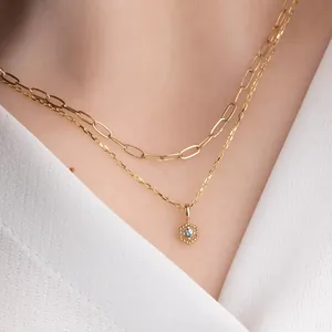 Collier double épaisseur en acier inoxydable plaqué or 18 carats avec pendentif zircon hexagonal