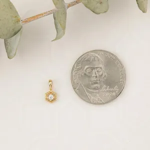 Petit pendentif en zircon plaqué or 18 carats à côté d'une pièce pour l'échelle.