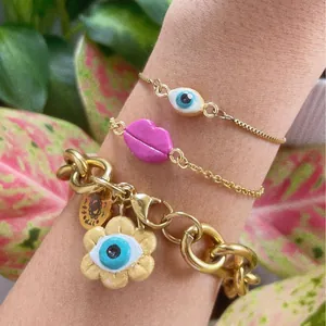 Bunte Edelstahl-Armbänder im Dopamin-Stil mit Evil Eye und Lippen-Anhängern für Damen