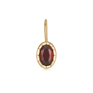 Detailed view of an oval red birthstone pendant in a gold stainless steel frame.