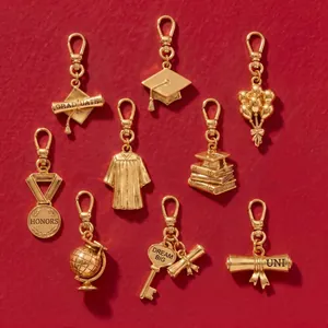 Assorted gold graduation charms featuring graduation caps, scrolls, and honors medals