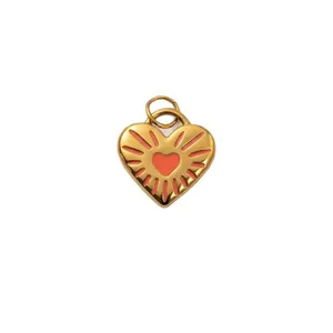 Pendentif coeur en acier inoxydable plaqué or 18K avec rayons émail rose pour DIY