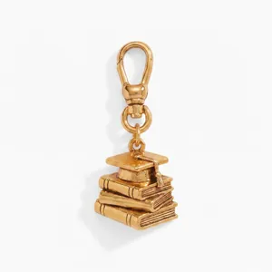 Detailed close-up view of a vintage gold graduation cap and stacked books metal charm