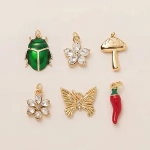 DIY Brass 18K Gold Plated Enamel Chili Butterfly Mushroom Charms Rhinestone Flower Pendants For Shoe Keychain Jewelry Making