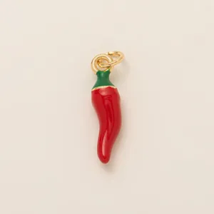 Detailed view of a glossy red chili pepper pendant with gold-plated rings.