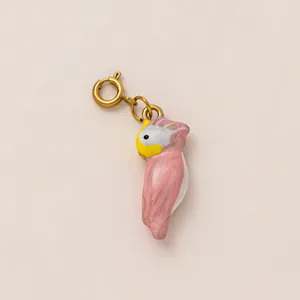 Pink bird parrot enamel charm pendant with 18k gold plated stainless steel spring ring