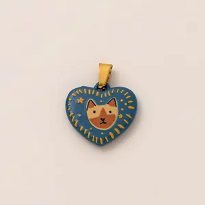 Blue heart-shaped cat pendant DIY jewelry charm with premium 18k gold plated bail