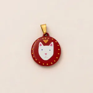 Charming red enamel round cat pendant with 18k gold plated stainless steel bail attachment