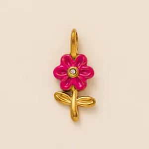 Pendentif fleur en émail rose en acier inoxydable plaqué or 18 carats pour bricolage