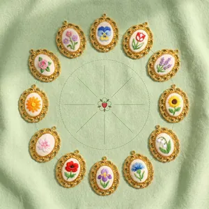 Twelve unique floral embroidery pendants featuring sunflowers and tulips in gold frames.