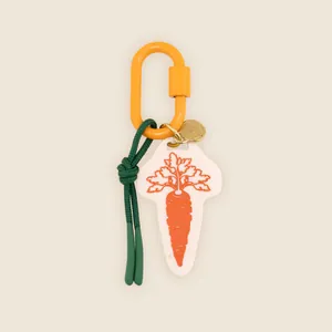 Minimalist hand-drawn carrot keychain bag charm with orange carabiner and green cord
