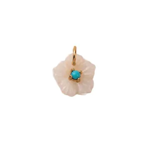Handcrafted white flower shell pendant with turquoise center and gold-plated bail
