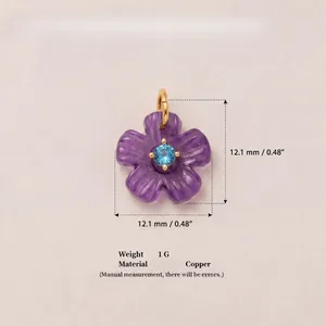 Detail view of purple flower pendant with blue zircon center and dimensions