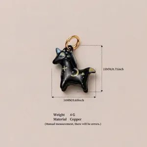 Detail view of a black enamel horse charm made of copper with 18mm height measurement
