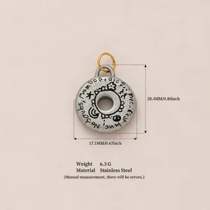 Vintage style stainless steel donut pendant charm with engraved symbols for DIY jewelry making