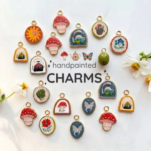 Stainless Steel Nature Printed Pendant Necklace Sun Mushroom Blueberry Charms Hand Painted 18K Gold Plated Jewelry For Women