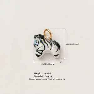 Detail view of colorful zebra enamel pendant with dimension and material specifications