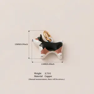 Detailed view of hand-painted dog pendant showing 15mm x 11mm dimensions and material info.
