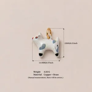 Detailed view of a colorful painted puppy pendant with dimensions and material info.