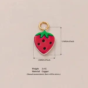 Detailed macro view of a 17mm strawberry charm pendant with weight and material specs