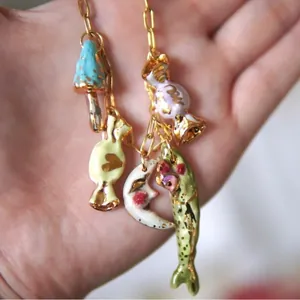 Hand-painted colorful enamel candy and moon pendants with 18K gold-plated jewelry chain