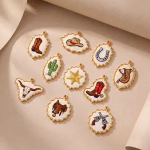 Vintage Cowboy Style Embroidered Pendant Necklace Stainless Steel Western Boots Hat Cactus Horseshoe Star Necklace Jewelry