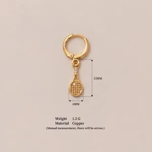Detailed view of a gold-toned copper tennis racket earring pendant with size measurements