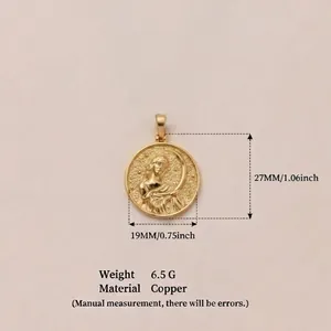 A detailed view showing dimensions and weight for this round goddess copper pendant