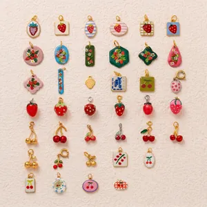 Stainless Steel Cute Strawberry Cherry Fruit Pendants DIY Jewelry Accessories Vacuum Electroplated Enamel Rhinestone Charms Women Jewelry