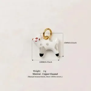 Detail view of a colorful enamel dog pendant showing 15mm height and copper material