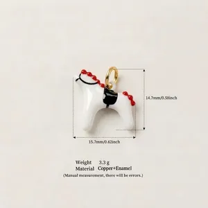 Macro view of enamel horse pendant showing 15.7x14.7mm dimensions and copper material