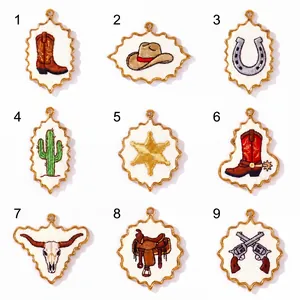 Cowboy theme embroidery pendants set featuring detailed boots hat cactus and revolvers motifs