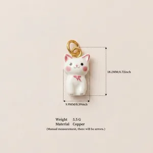 Detail view of a sweet white cat pendant with dimensions and copper material info