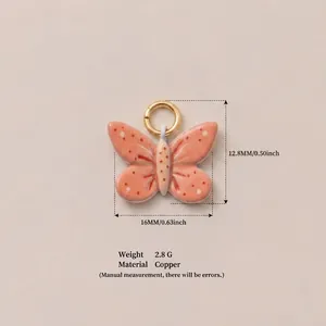 Detailed view of peach butterfly pendant with dimensions and copper material specs
