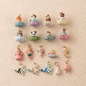 Pendentifs Ange Animal Dessin Animé 3D Cuivre Plaqué Or Émail Accessoires Bijoux DIY Tasse De Thé Renard Panda Chat Oiseau