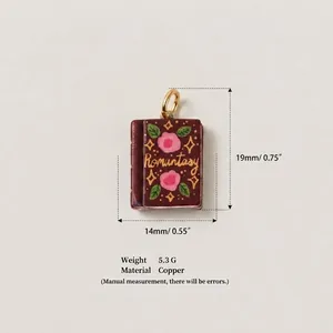 Minimalist copper magic book pendant with floral design, size 19x14mm measurements shown