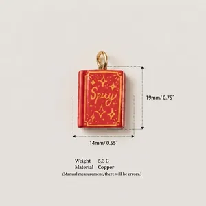 Detailed view of red book pendant with 'Spicy' engraving and size info