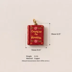 Detailed view of red book pendant with dimensions and copper material info.