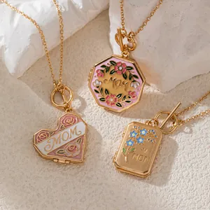 Vintage Koper Verguld Toggle Sluiting Hart Achthoek Vierkant MOM Medaillon Hanger Ketting Emaille Bloem Vrouwen Moeder Cadeau