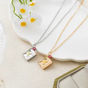 Collar de Relicario de Libro de Cobre Vintage Para Mujeres Colgante de Libro Abrible Retro Con Patrón de Rosa Estrella Luna Joyería Regalo Bañado en Oro Plata