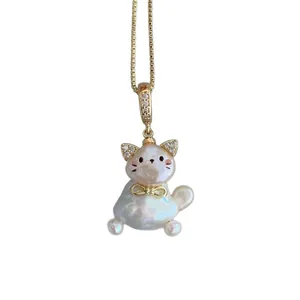 Cute cat pendant necklace with baroque pearl and gold plated chain for women elegant