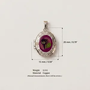 Vintage silver-tone oval locket pendant featuring purple dried flower and dimensions