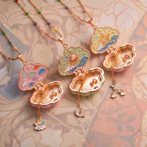 Collier Médaillon Nuage En Cuivre De Rêve Avec Pendentif Émail Étoile Lune Arc-en-ciel Bijoux En Or Électroplaqué Pour Femmes