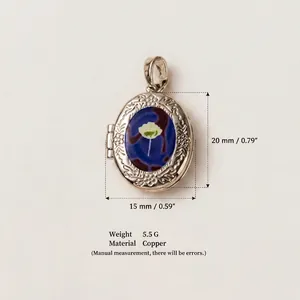 Detailed dimensions and material specs for the floral enamel oval locket pendant.