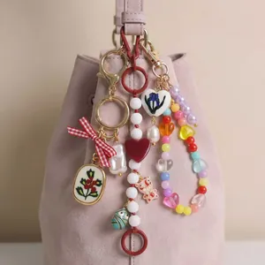 Fashion Zinc Alloy Artificial Pearl Beaded Keychain Bag Charm Pendant Heart Tulip Flower Jewelry Accessories For Women Gifts