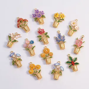 Assorted enamel flower pot charms in gold finish featuring various floral designs.