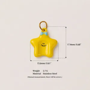 Close-up of yellow star pendant with dimensions and stainless steel material info.