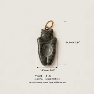 Detailed view of dark grey cat pendant with dimensions and stainless steel material info
